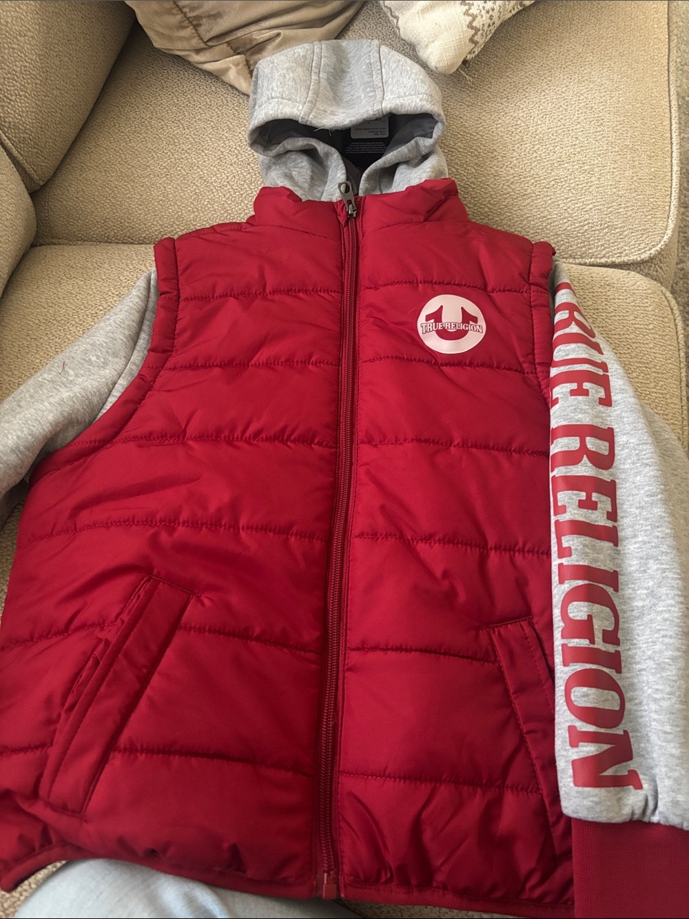 True Religion Red Puffer Vest with Gray Hoodie Sleeves